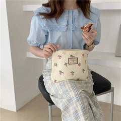 Fresh Floral Cotton Cosmetic Bag Zipper Large Capacity Storage Handbag
