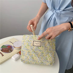Fresh Floral Cotton Cosmetic Bag Zipper Large Capacity Storage Handbag
