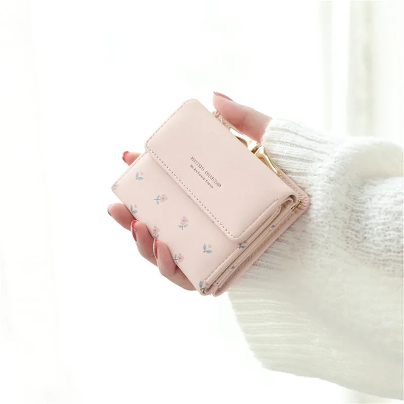Small Fresh Mini Ladies Money Clip with Flowers Short Buckle Wallet