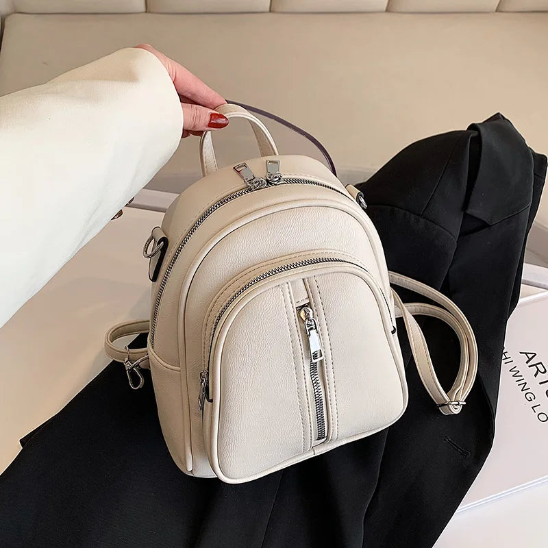 Leather Female Backpack for Women Curved Top Zip Front Backpack