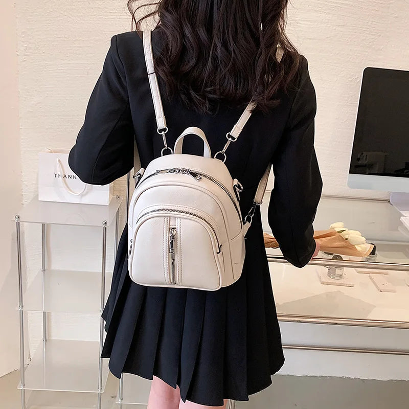 Leather Female Backpack for Women Curved Top Zip Front Backpack