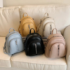 Leather Female Backpack for Women Curved Top Zip Front Backpack