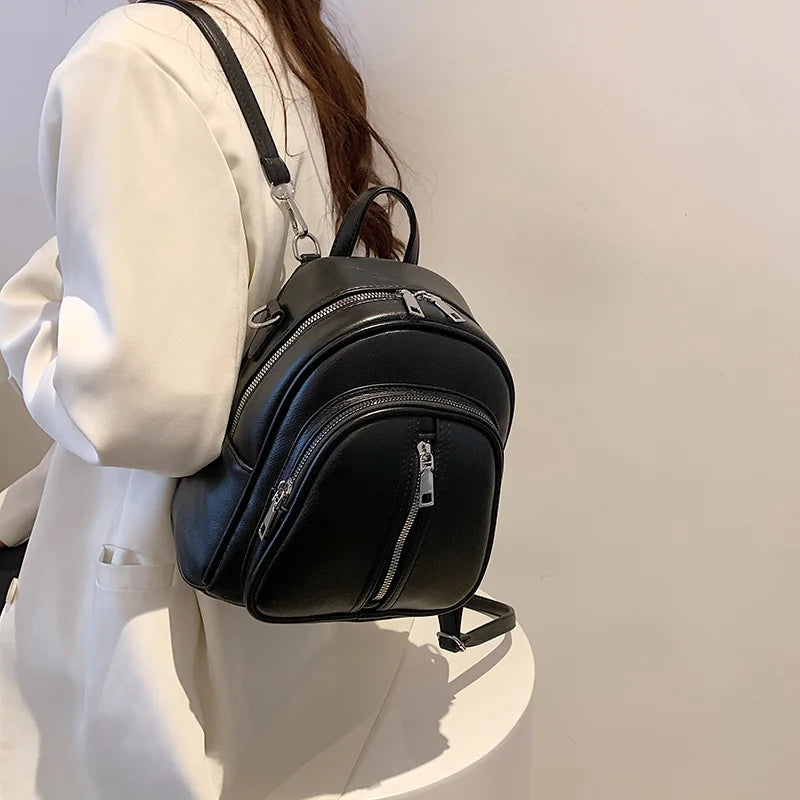 Leather Female Backpack for Women Curved Top Zip Front Backpack