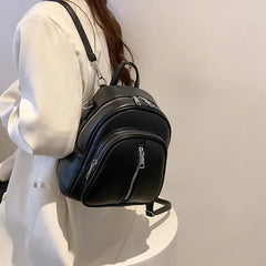 Leather Female Backpack for Women Curved Top Zip Front Backpack