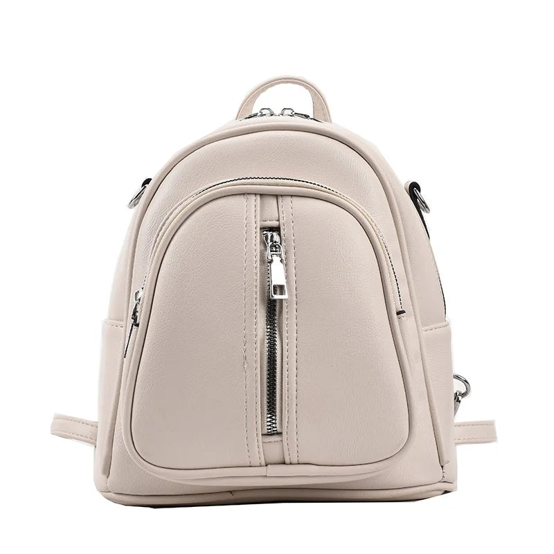 Leather Female Backpack for Women Curved Top Zip Front Backpack