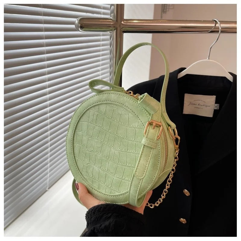 Small PU Leather Round Handbag Chain Clutch Purses