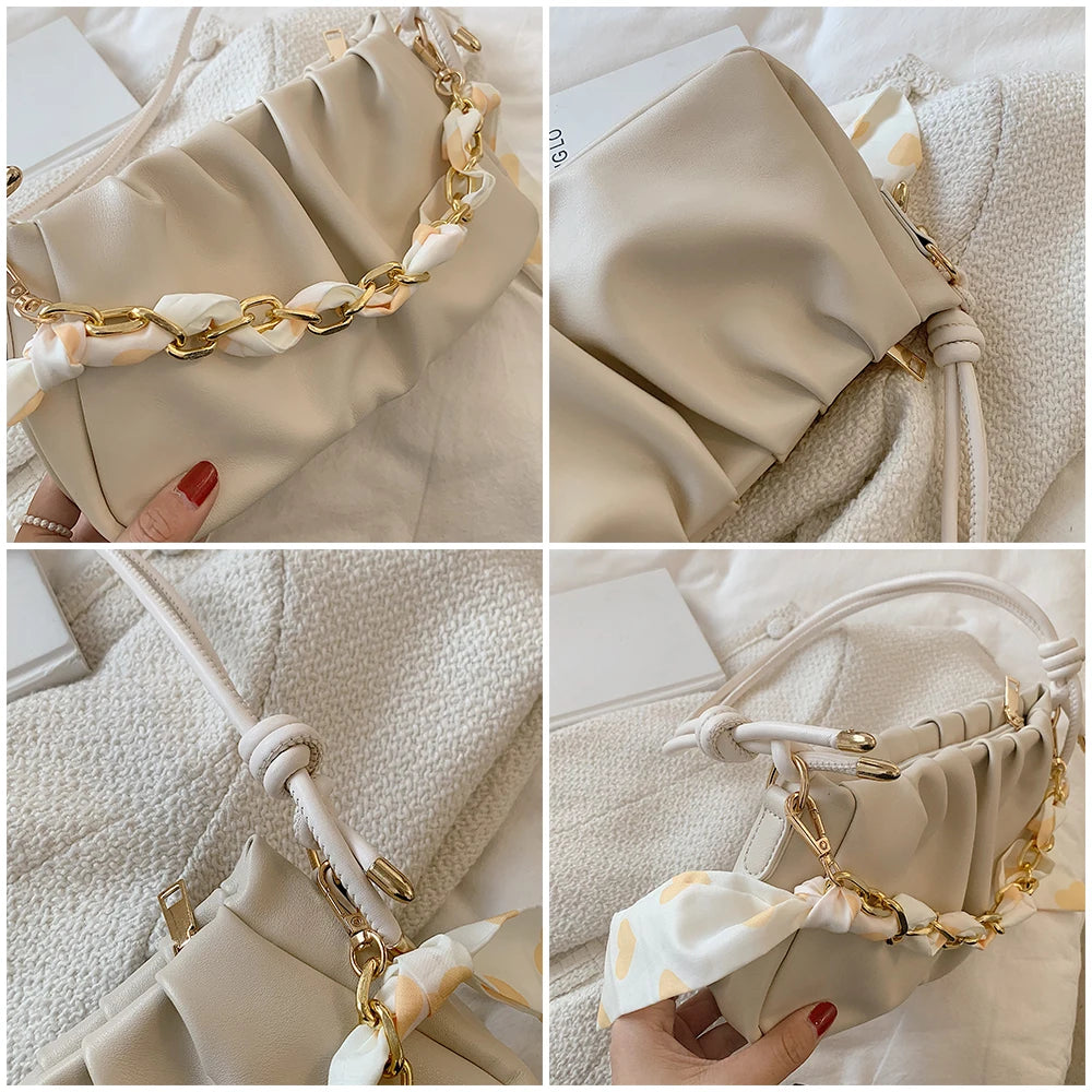Pleated Crossbody Bag Square PU Leather Bag Yellow