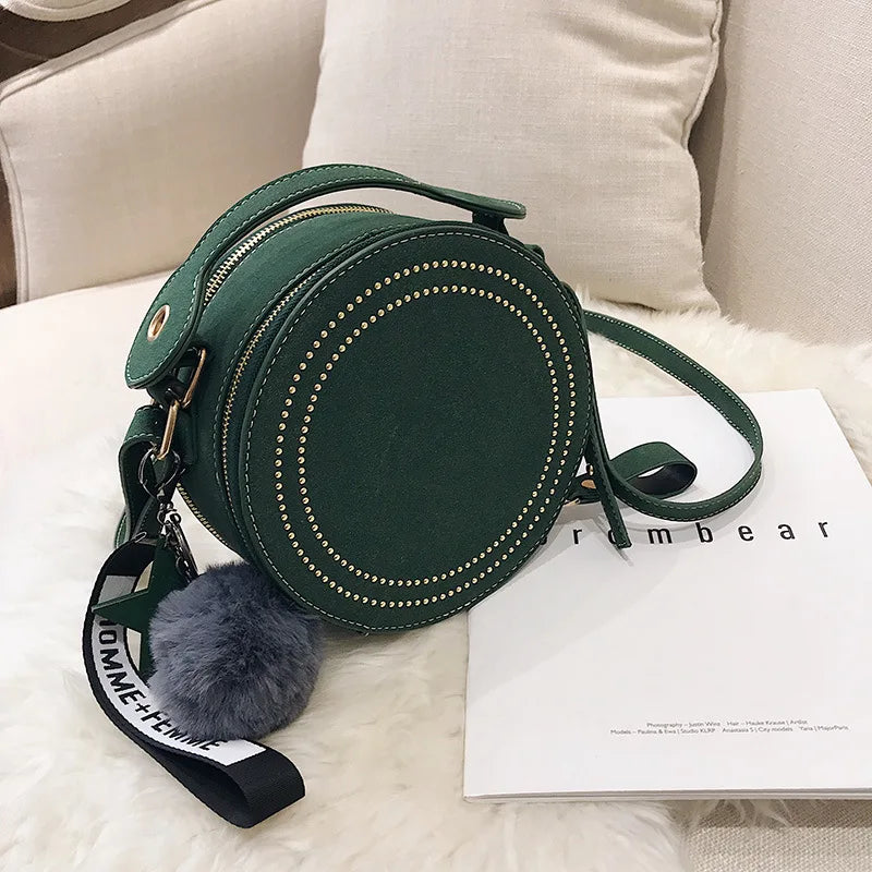 Round Crossbody Bag Rivet Leather Shoulder Purse Star Pendant Messenger