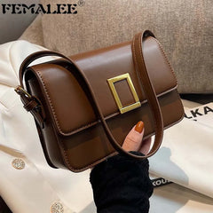 Vintage Leather Shoulder Bag with Lock - Small Square Crossbody Purse
