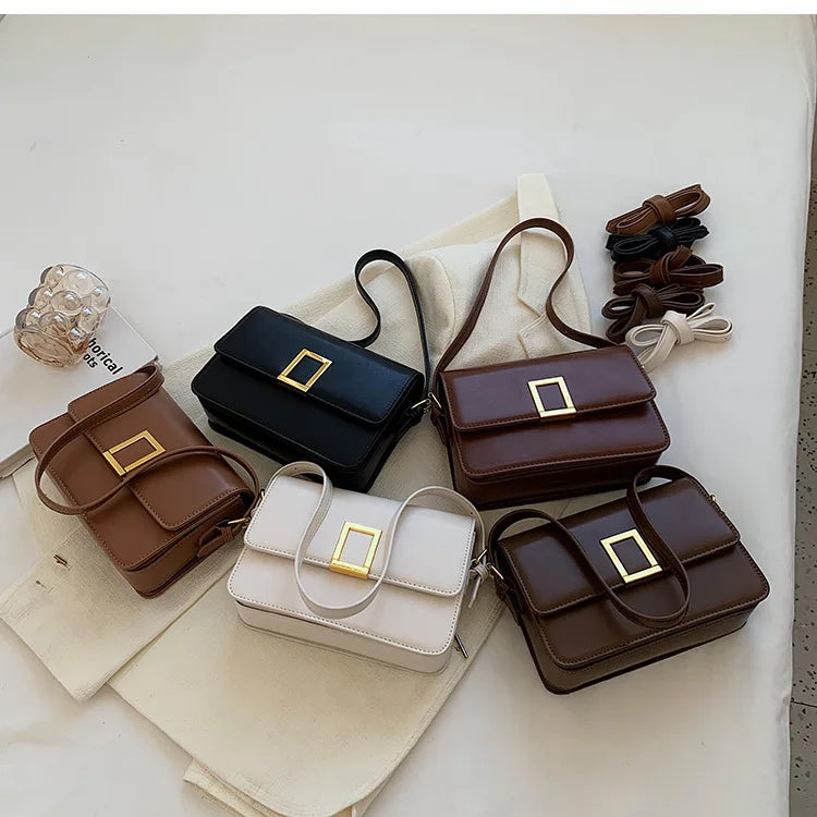 Vintage Leather Shoulder Bag with Lock - Small Square Crossbody Purse