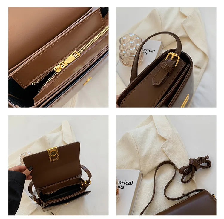 Vintage Leather Shoulder Bag with Lock - Small Square Crossbody Purse