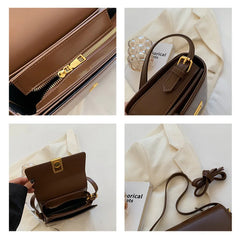 Vintage Leather Shoulder Bag with Lock - Small Square Crossbody Purse