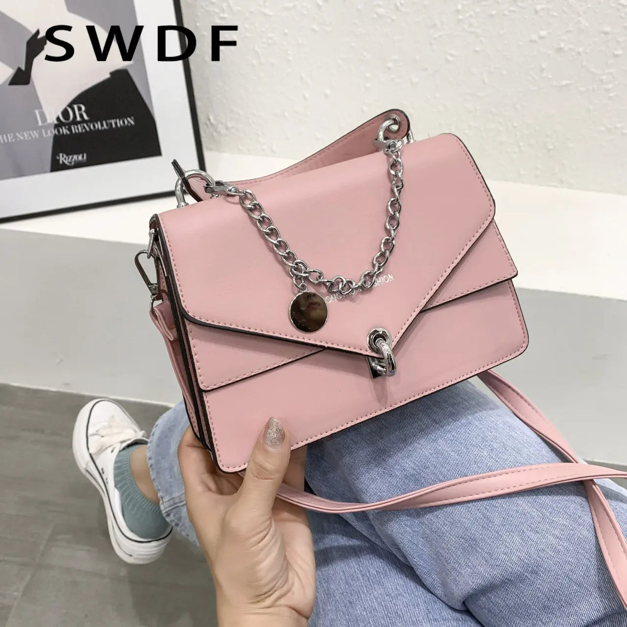 Women's Small Square PU Leather Shoulder Bag with Chains