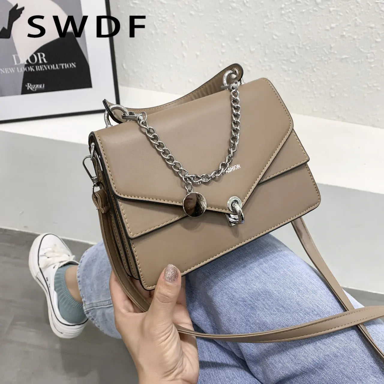 Women's Small Square PU Leather Shoulder Bag with Chains