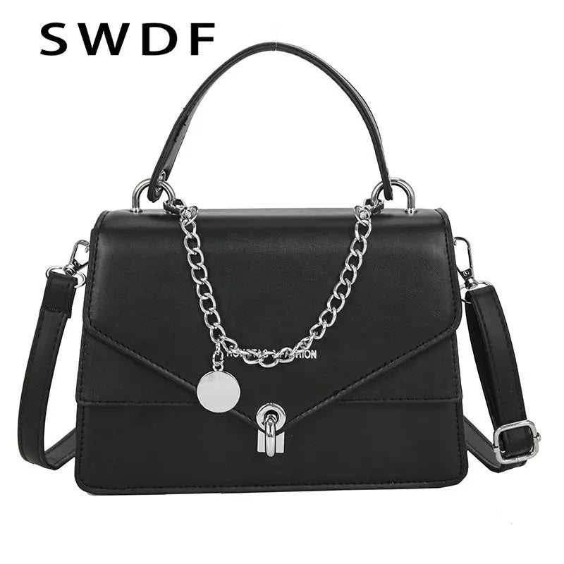Women's Small Square PU Leather Shoulder Bag with Chains