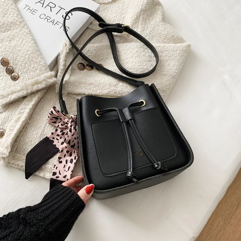 Square Bucket Bag Women PU Leather Crossbody Handbag Drawstring Shoulder