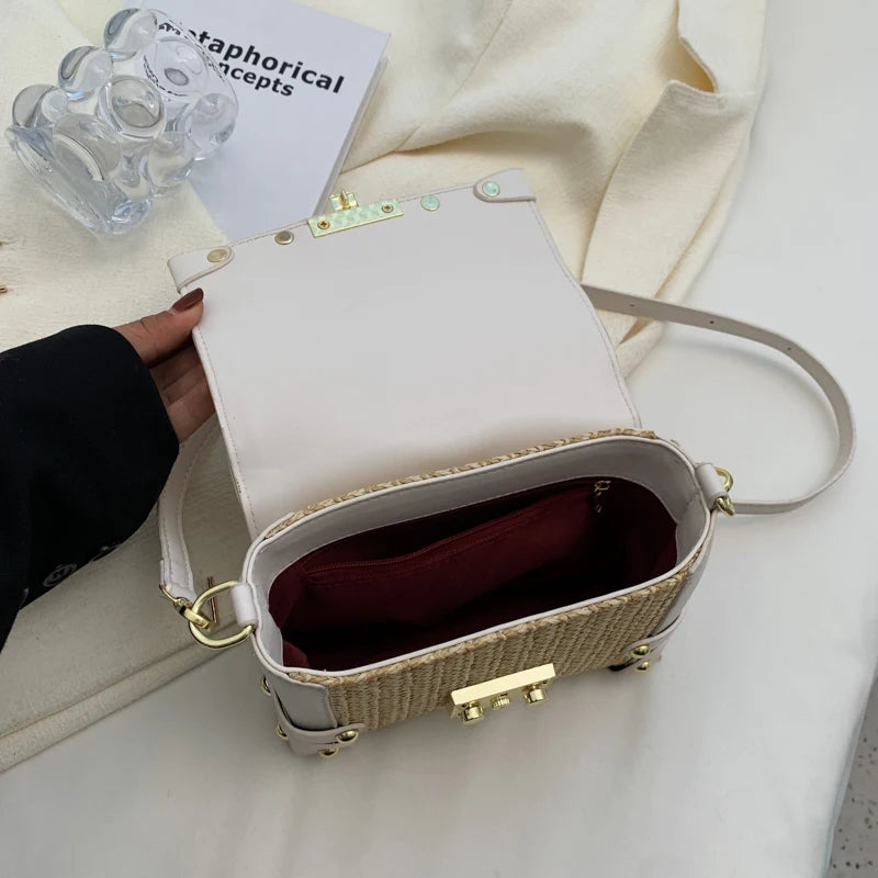 Small Square Rivet Straw Crossbody Bags for Women