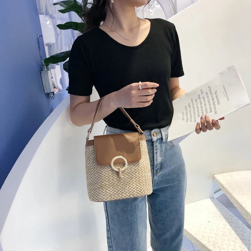 Straw Bucket Bag Crossbody Shoulder Messenger Summer Handbag
