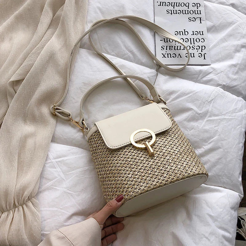 Straw Bucket Bags Women Summer Crossbody Travel Purses Handbags Shoulder Bag