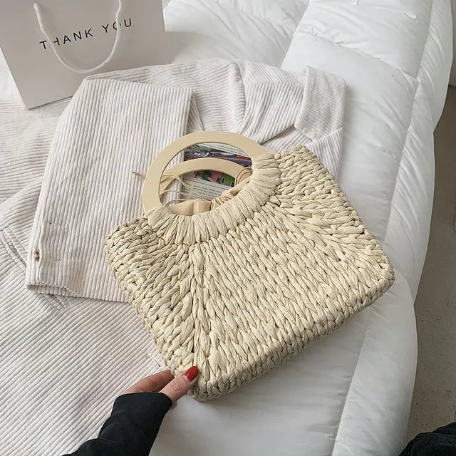 Straw Rattan Tote for Women's Summer Travel Handbag