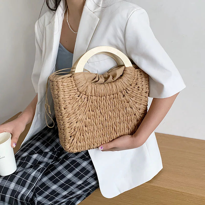 Straw Rattan Tote for Women's Summer Travel Handbag