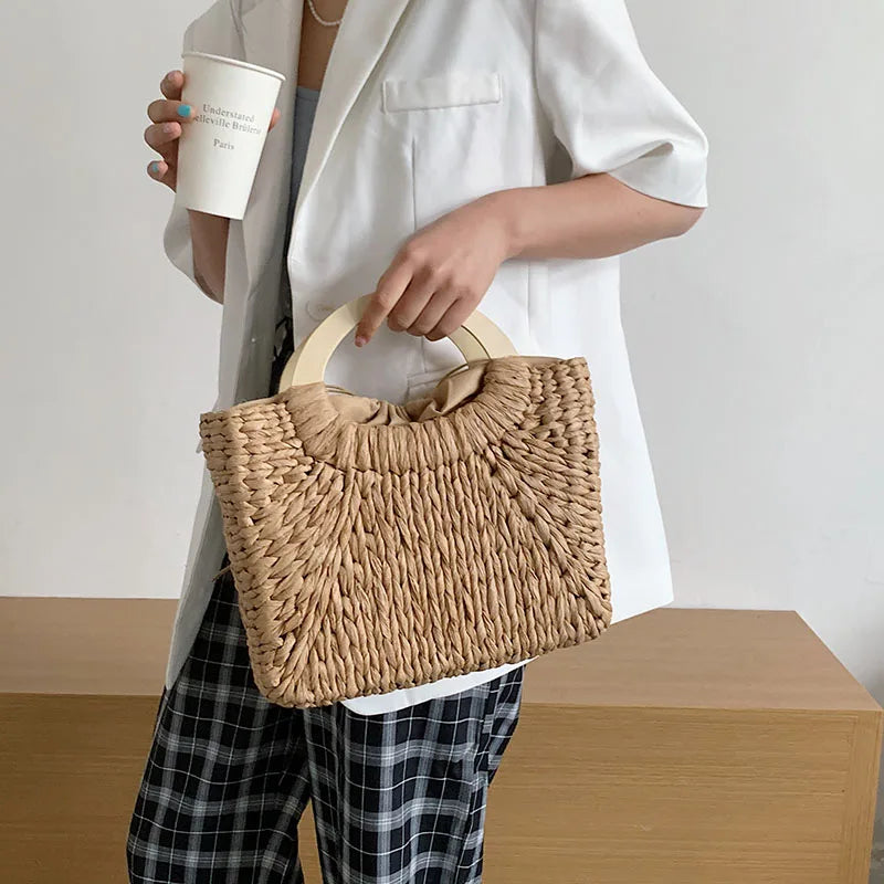 Straw Rattan Tote for Women's Summer Travel Handbag