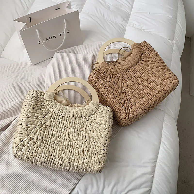 Straw Rattan Tote for Women's Summer Travel Handbag
