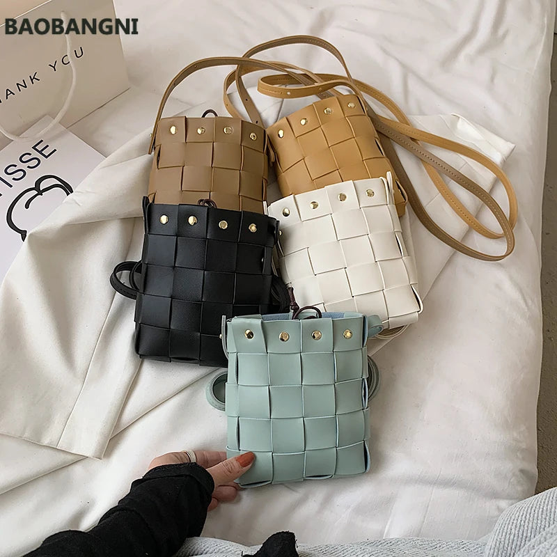 Small Weave Bucket Shoulder Bags Soft Leather Messenger Bag Rivet Crossbod