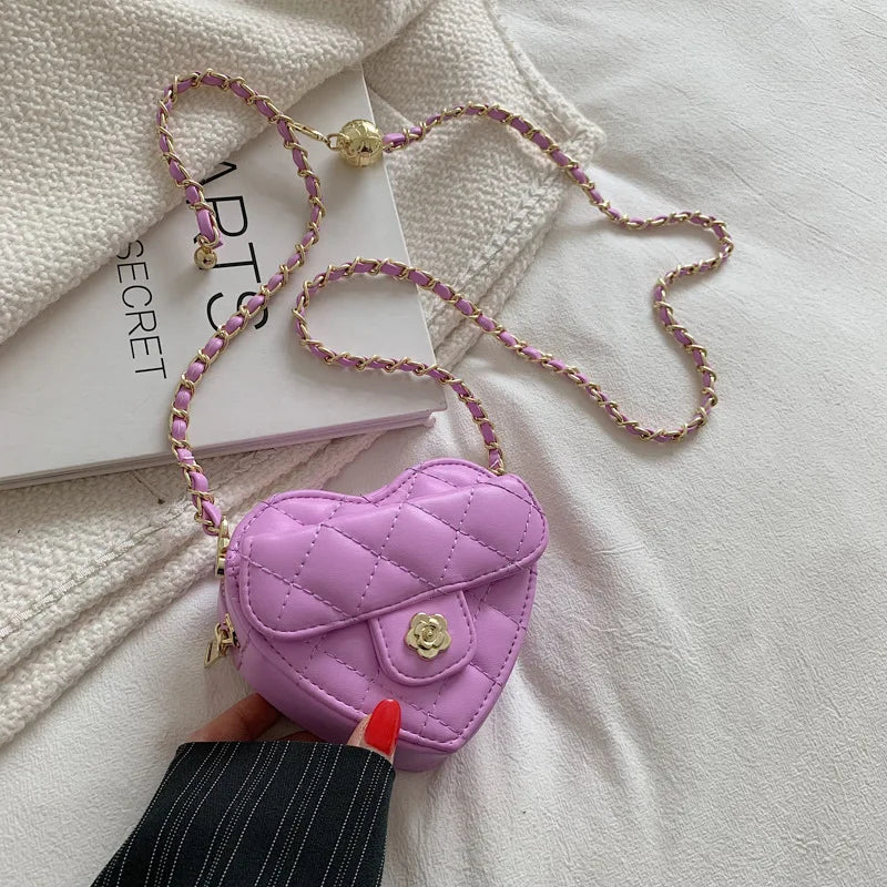 Small Women Heart Shoulder Crossbody Bag Quilted Handbag Chain