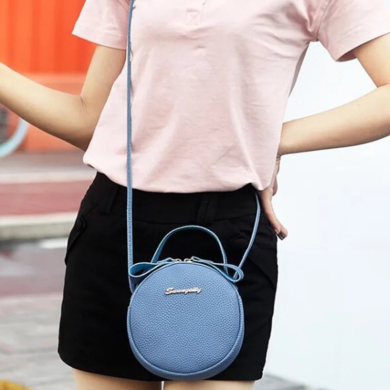 Small Round Handbag PU Leather Solid Circular Shoulder Messenger Bag Purse