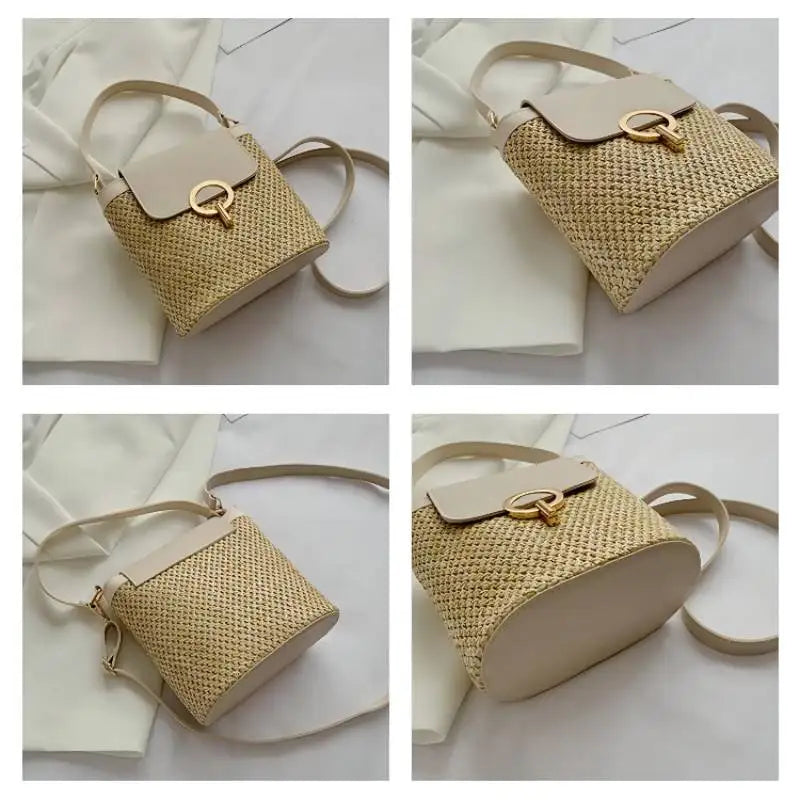 Small Woven Bucket Bag Beach Handbags for Women Female Travel Vacation Straw Cro