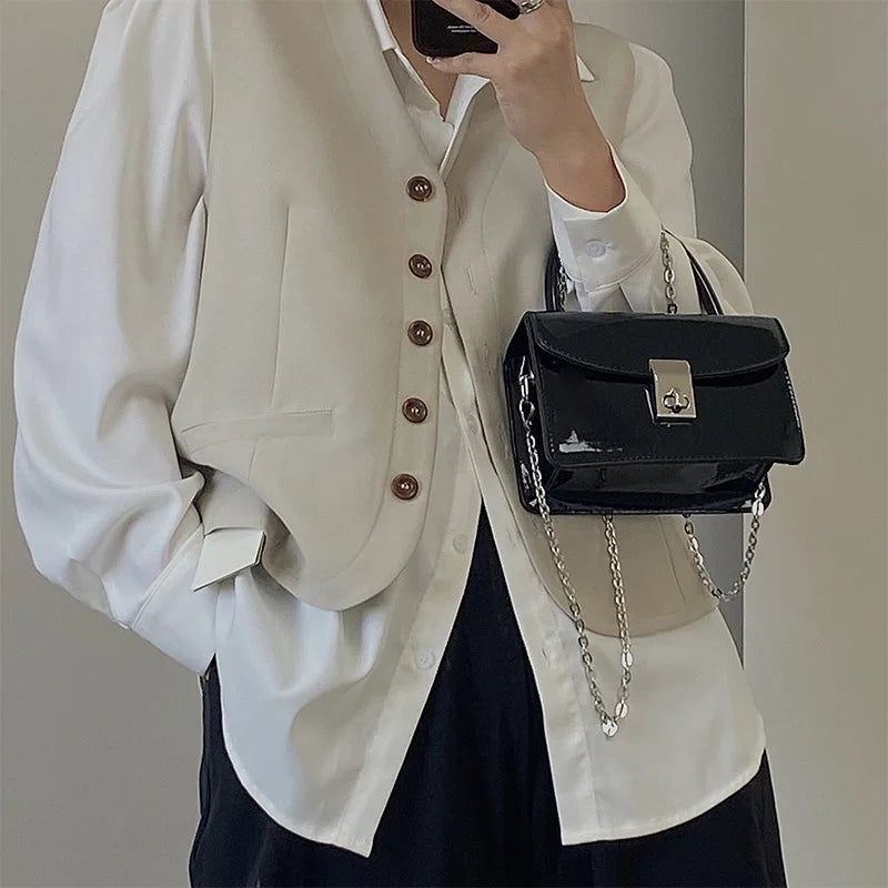 Small Square Leather Shoulder Bag with Chain Strap