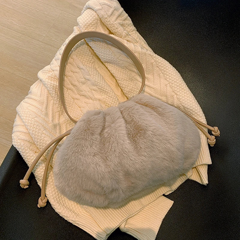 Short Handle Tote Bag Plush Handbags Winter Fold Soft Messenger Shoulder Bags