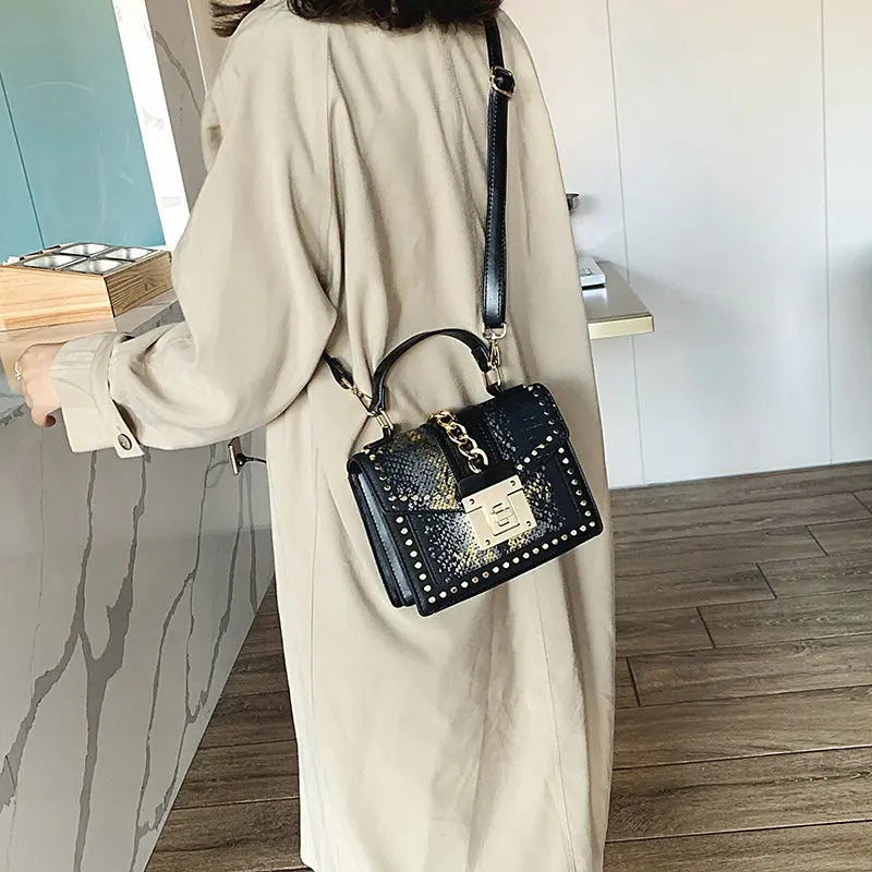 Snake Pattern Female Bag European Embossed Bag Chain Rivet Shoulder Bag