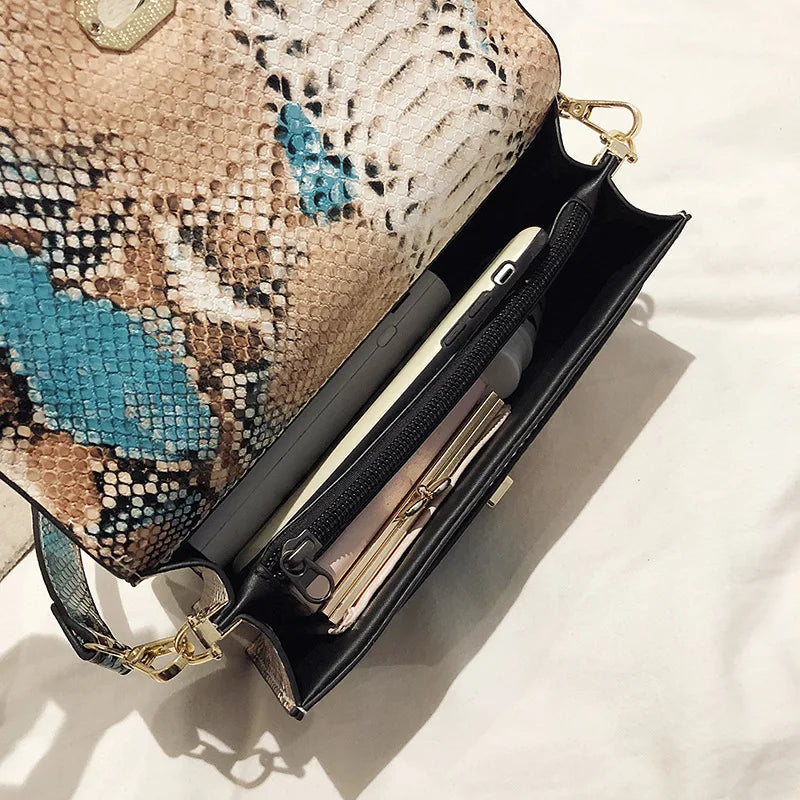 Snake Pattern Flap Bag PU Leather Wide Strap Sling Shoulder Crossbody Bag