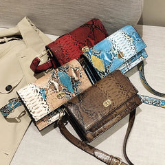 Snake Pattern Flap Bag PU Leather Wide Strap Sling Shoulder Crossbody Bag