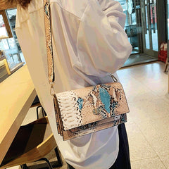 Snake Pattern Flap Bag PU Leather Wide Strap Sling Shoulder Crossbody Bag