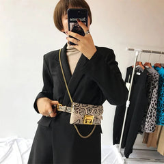 Snake Print Pu Leather Fanny Pack Woman Chain Buckles Square