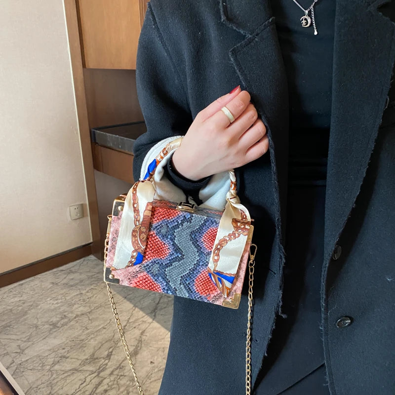 Snakeskin Box Style Purse Handbag Party Clutch Chain Shoulder Bag