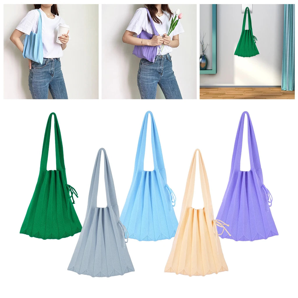 Soft Knitted Pleated Shoulder Bag with Drawstring Closure