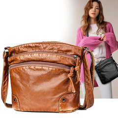 Retro PU Leather Shoulder Bag Double Zipper Crossbody Handbag