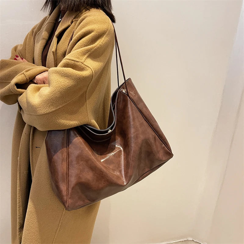 Vintage PU Leather Shoulder Bag for Women Large Capacity