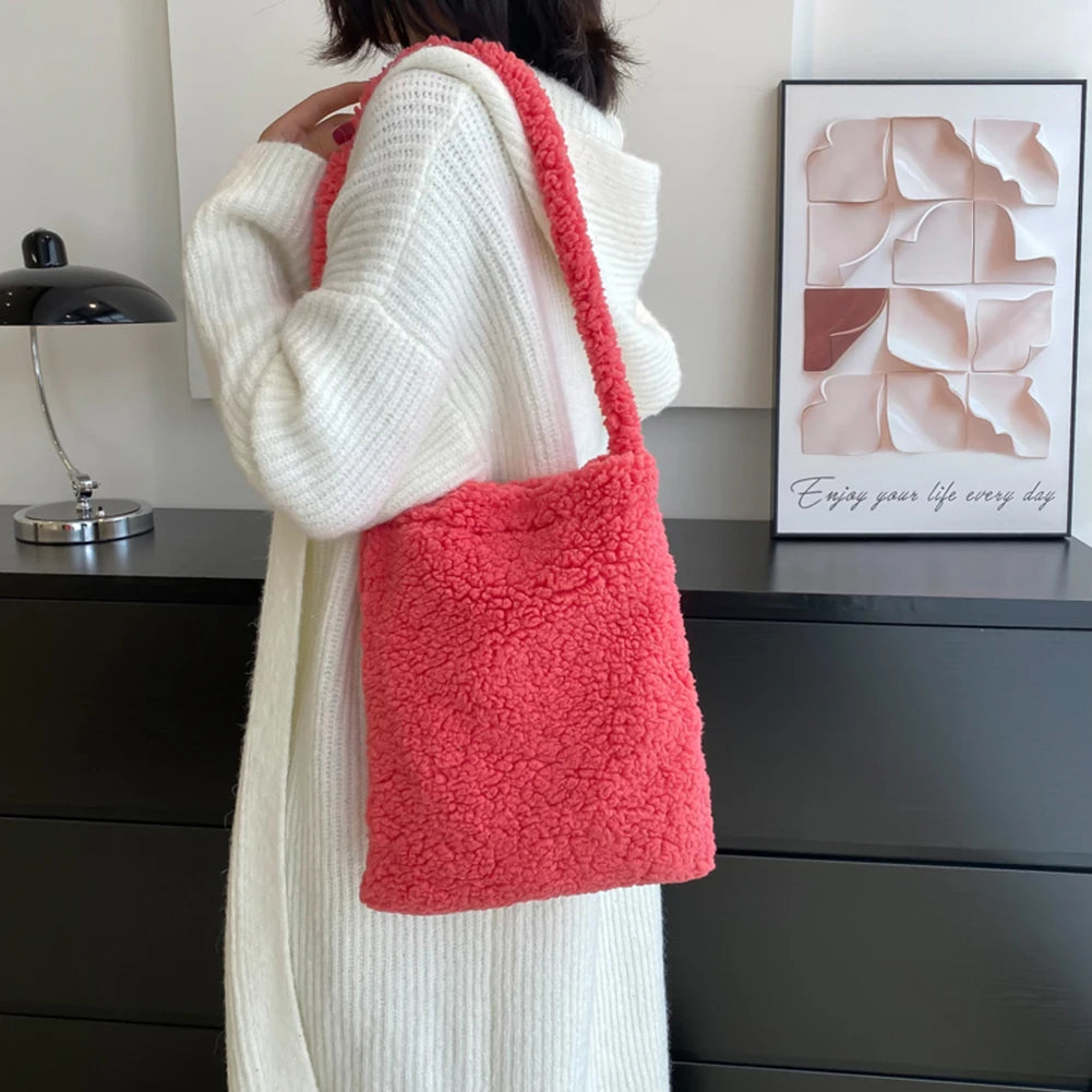 Plush Wool Fleece Shoulder Bag for Women Girls Winter Handbag Large Capacity