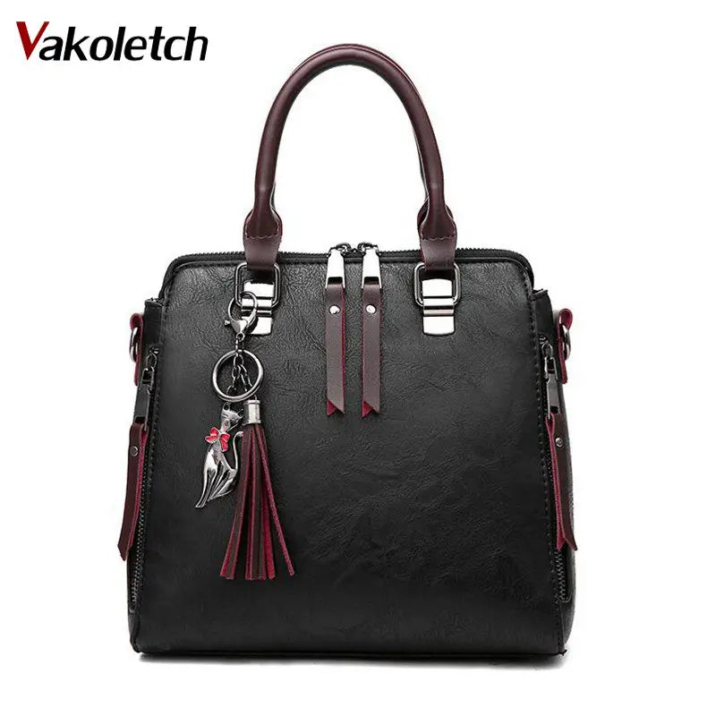 Soft PU Leather Women Shoulder Bag with Tassel Pendant