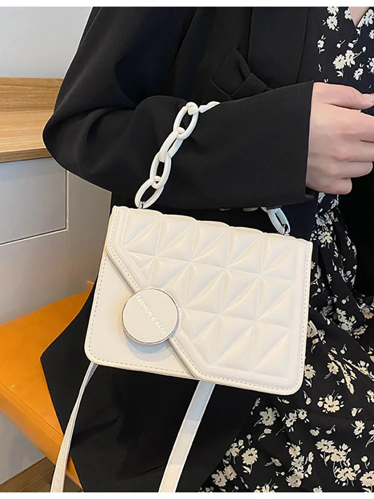 Solid Chain Wome's Shoulder Bag Pu Leather Lingge Ladies Crossbody Bags
