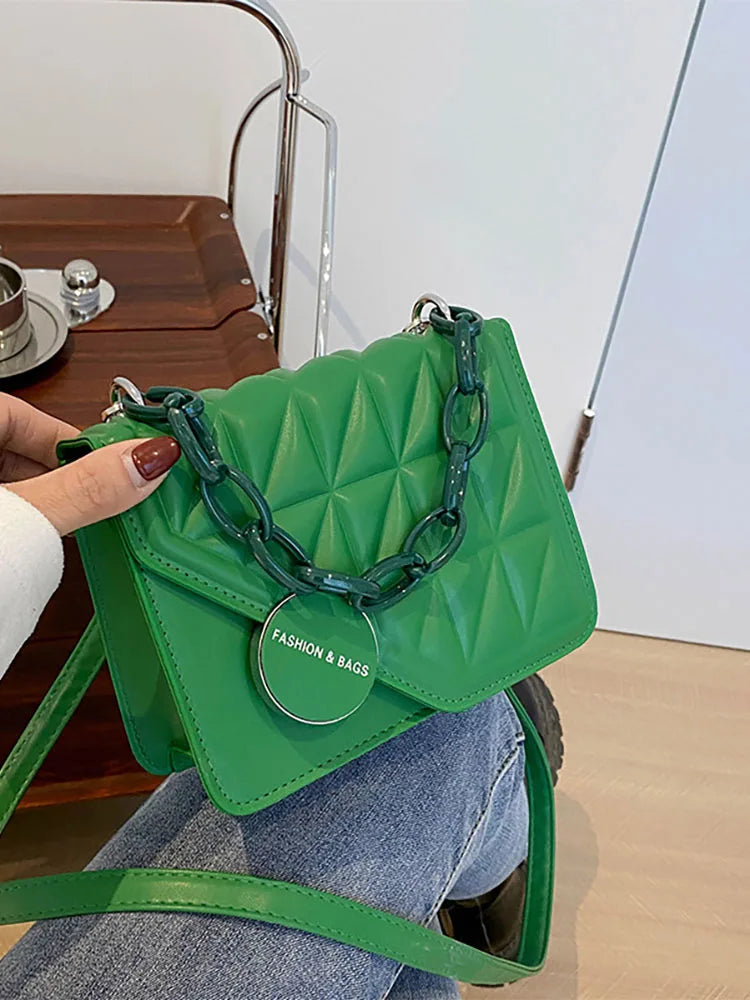 Solid Chain Wome's Shoulder Bag Pu Leather Lingge Ladies Crossbody Bags