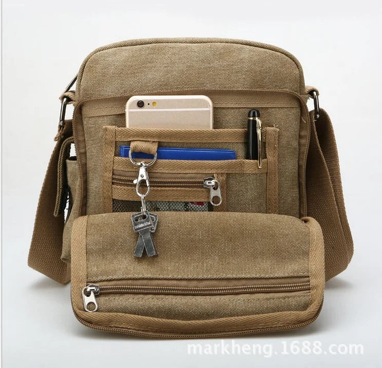 Khaki Canvas Travel Crossbody Bag Handbag for Men