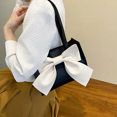 Solid Bow PU Leather Shoulder Square Tote Bag for Women