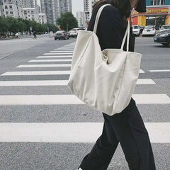 Solid Canvas Shoulder Bag Large Capacity Grocery Totes Handbag