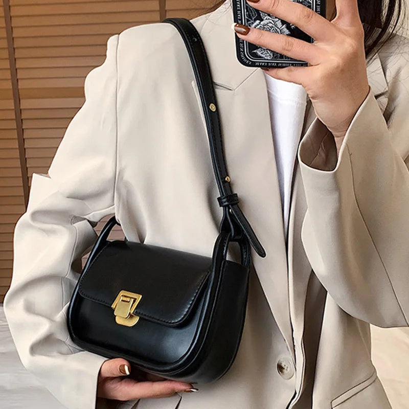 Solid Flap Armpit Bag Femake PU Leather Shoulder Bag Lock Crossbody Bag